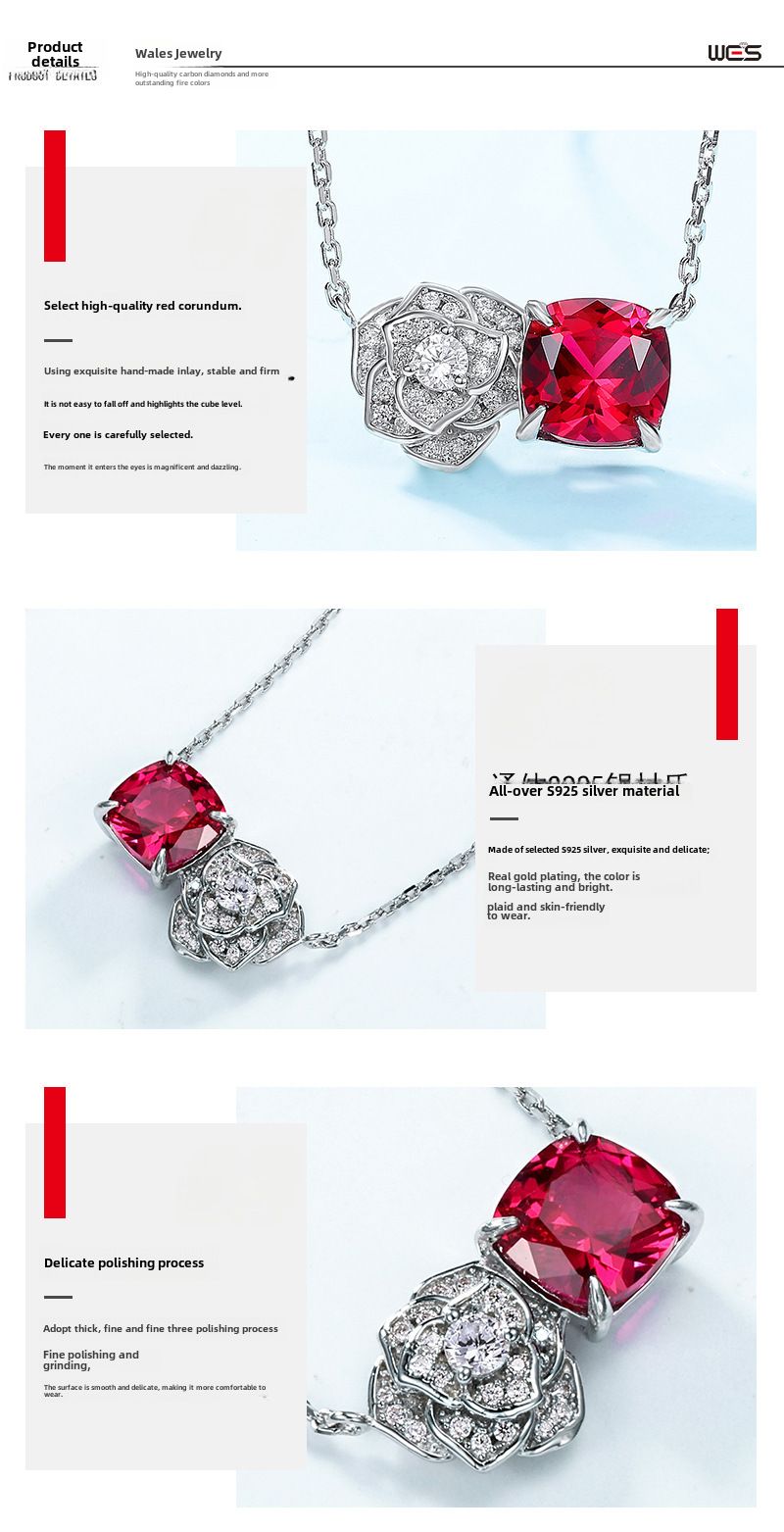 Collana con diamanti ad alto tenore di carbonio e rosa rossa transfrontaliera in argento S925 con intarsi colorati e catenina per clavicola, lusso leggero europeo e americano_voghion.com