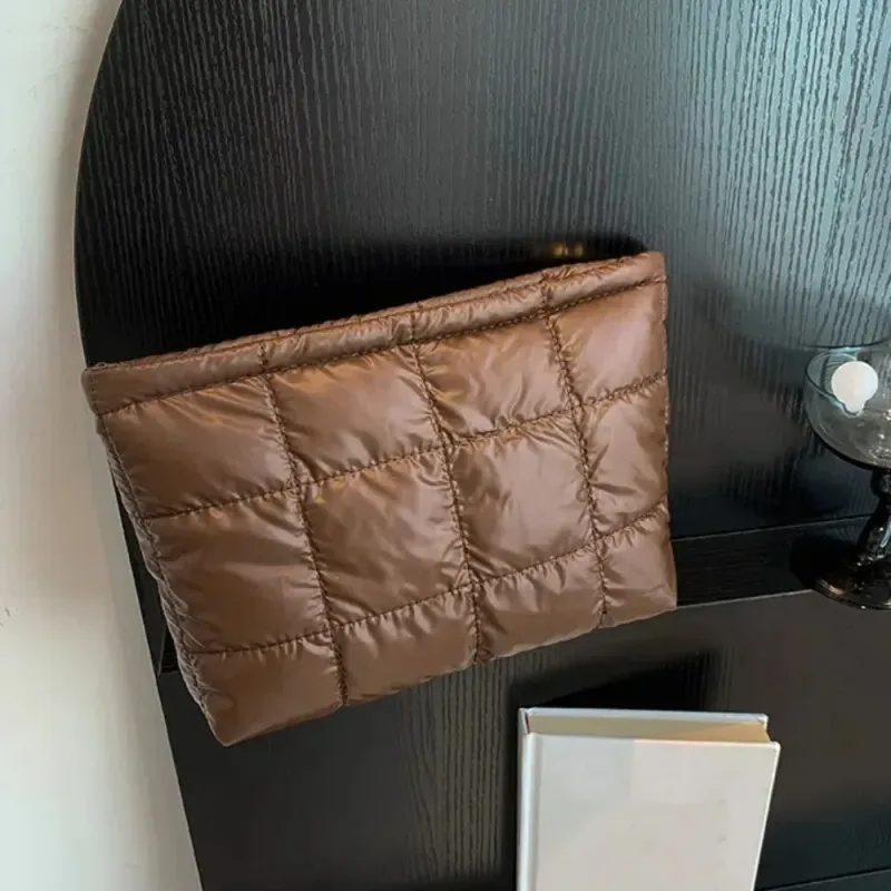 Borsa imbottita in cotone, in pelle PU, grande capacità, borsa portatrucchi imbottita, pochette in stile coreano, motivo scozzese spesso_voghion.com