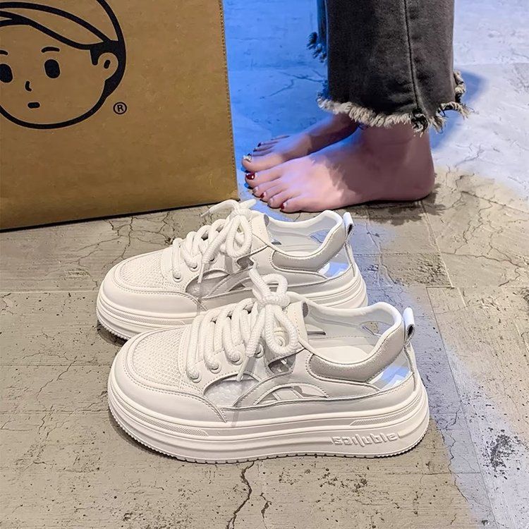 Thick-soled Hollow White Shoes Women's Lace-up Breathable Sports Sandals Versatile Casual Hole Shoes_voghion.com