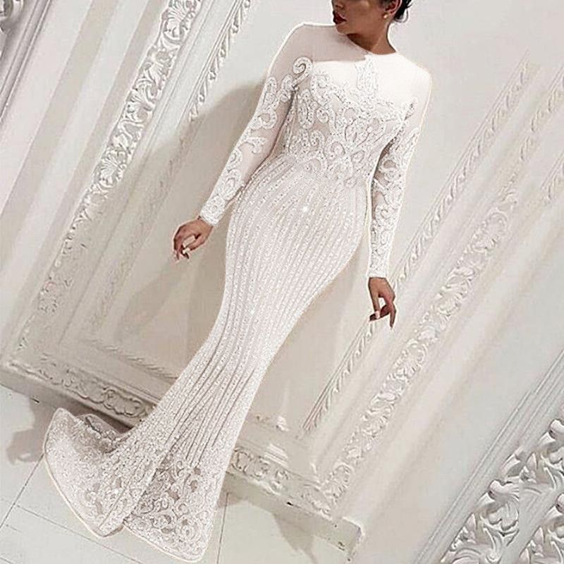 Women's sexy white long sleeve maxi evening dress_voghion.com
