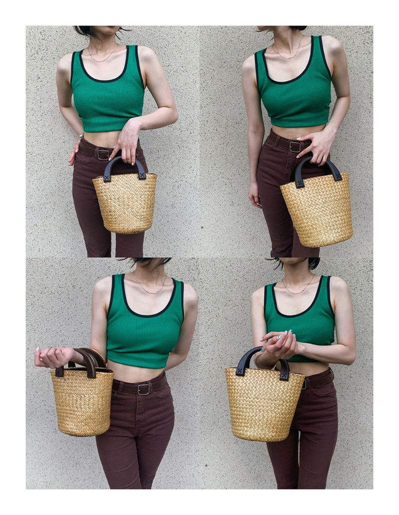 Plážová taška Vine Thai Grass, francouzská tkaná, kabelka, dřevěná rukojeť, velkokapacitní dámská taška_voghion.com