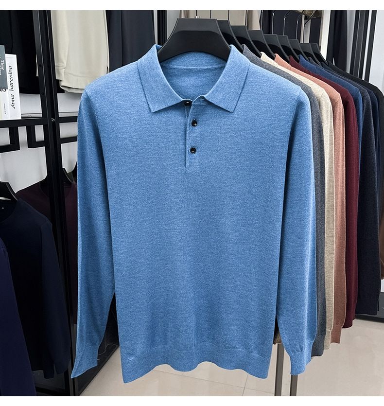 Men's Long Sleeve Knitted Sweater Spring Autumn Thin Wool Blend Turn-down Collar Middle-aged Base Shirt Top_voghion.com