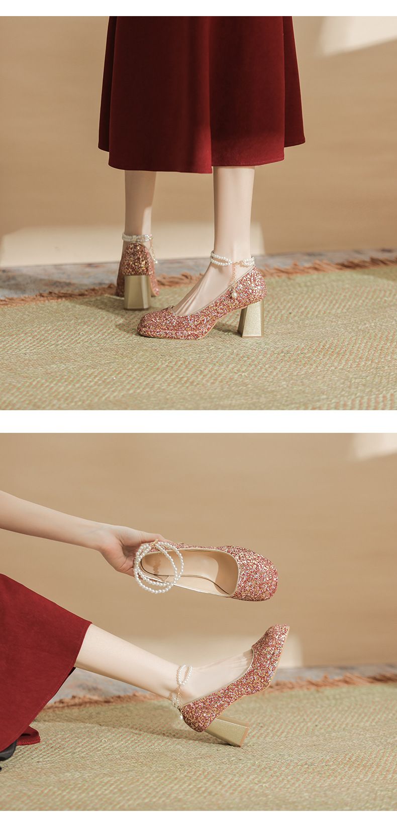 Women's Shoes Waterproof Platform High Heels Thick Heels Square Toe Single Shoes 9cm Small Heightening Sequin Pearl Chain_voghion.com