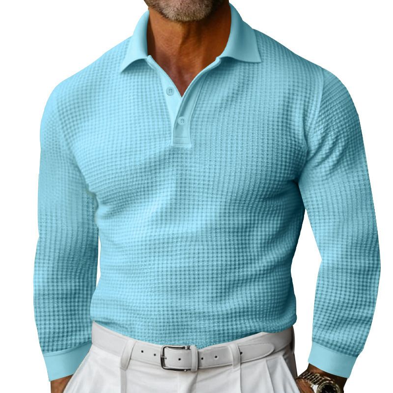 Herrenbekleidung Waffel-Reversknopf Langarm-Poloshirt Urlaub Casual T-Shirt_voghion.com
