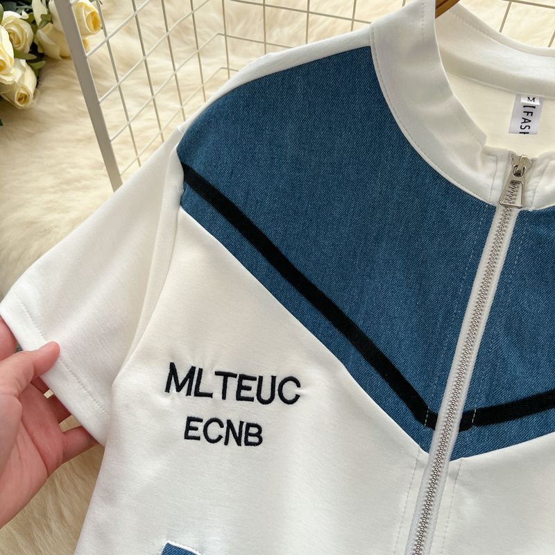 Kadın Giyim Moda Takım Elbise Kadınlar İçin Yaz Aylarında Kot Dikişli Kısa Kollu Fermuarlı Üst + Yüksek Bel Rahat Geniş Paça Pantolon_voghion.com