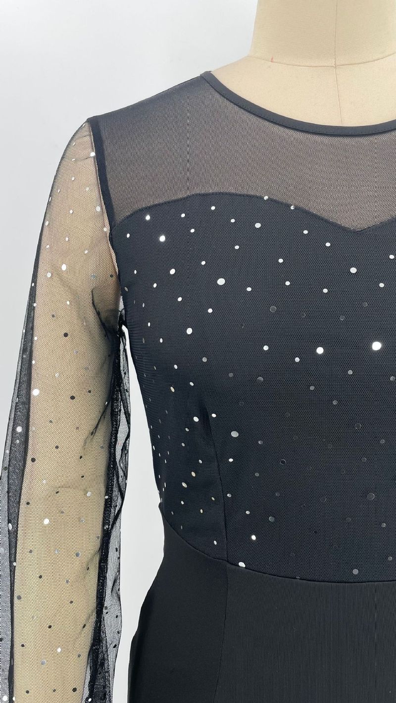 Elegant Women's Dress, Solid Color Mesh Sequin Splicing, High Waist Long Slim Evening Gown Christmas Thanksgiving Halloween Valentine's Day_voghion.com