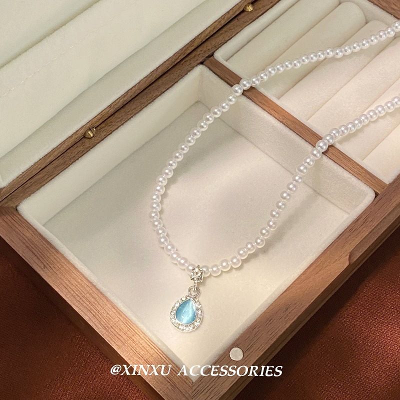 Französische blaue Tropfenperle 2024 Neues Stiltemperament, Persönlichkeit, Einfachheit, Nische, vielseitige High-End-Halskette_voghion.com