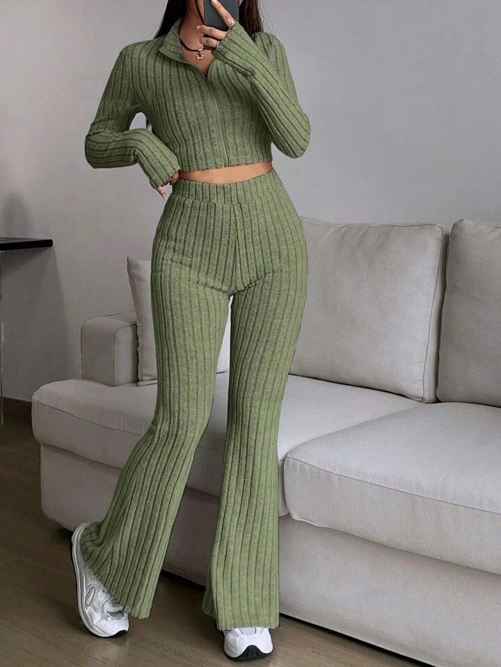Fashion Solid Color Ribbed Two Piece Set Zipper Long Sleeve Crop Top And High Waist Flared Pants Set Women's Casual_voghion.com