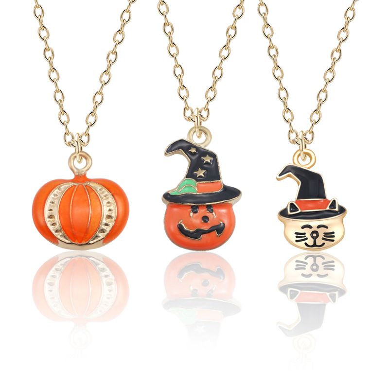 Gioielli alla moda e di personalità a tema Halloween, collana creativa con testa di gatto, cappello magico con zucca e olio, pendente a catena, regalo esagerato_voghion.com