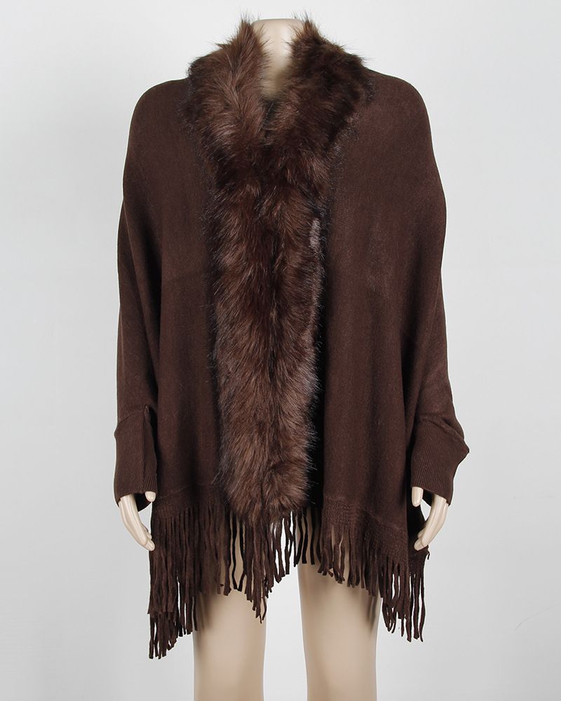 Maglione cardigan tinta unita in stile europeo e americano, autunno e inverno, con nappa e collo in pelliccia_voghion.com