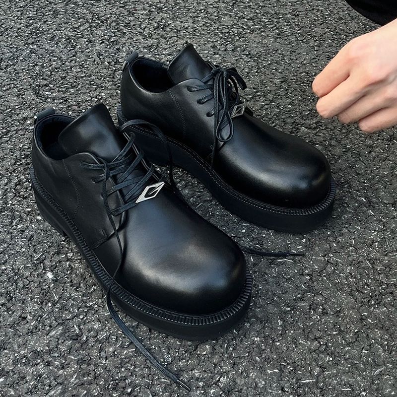Niche Cowhide Big Derby Unisex British Style Black Round Toe Thick Sole Leather Height Increasing Casual Shoes_voghion.com