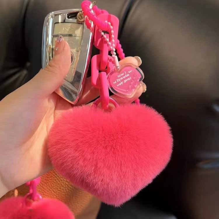 Creative Silicone Real Rex Rabbit Fur Heart Chain Exquisite Backpack Pendant Couple Ornament Car Keychain_voghion.com