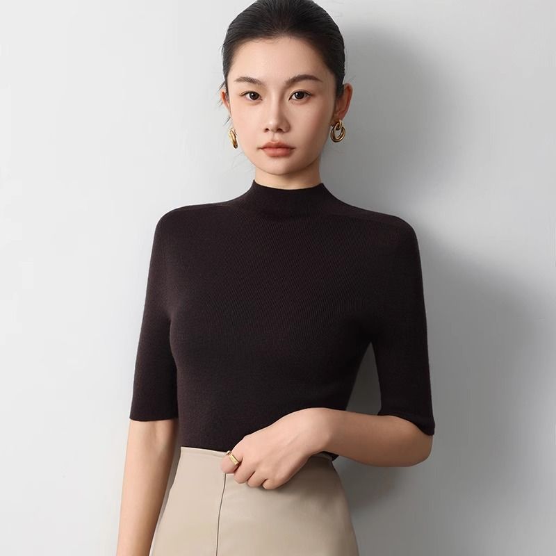 Summer German Yangzi Yarn Island Fine Seamless 100 Half Turtleneck Base Shirt High-End Feel Mid-Sleeve Wool Sweater_voghion.com