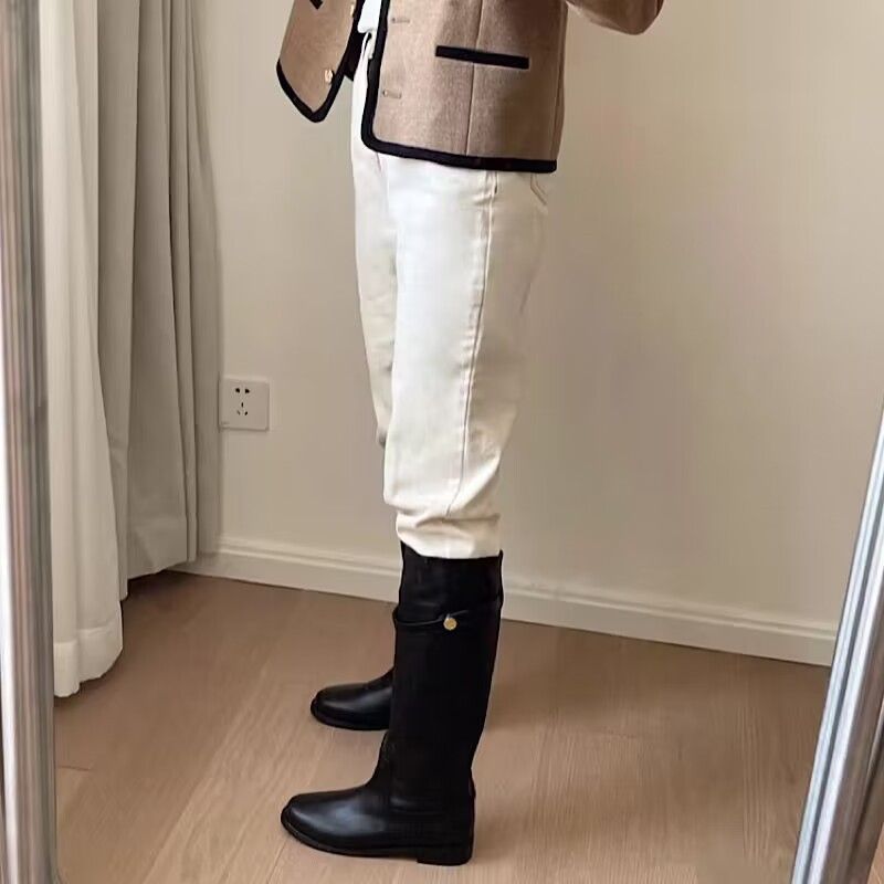 leather Riding Winter Within The High Cylinder Small Gold Buckle Over The Knee Boots_voghion.com