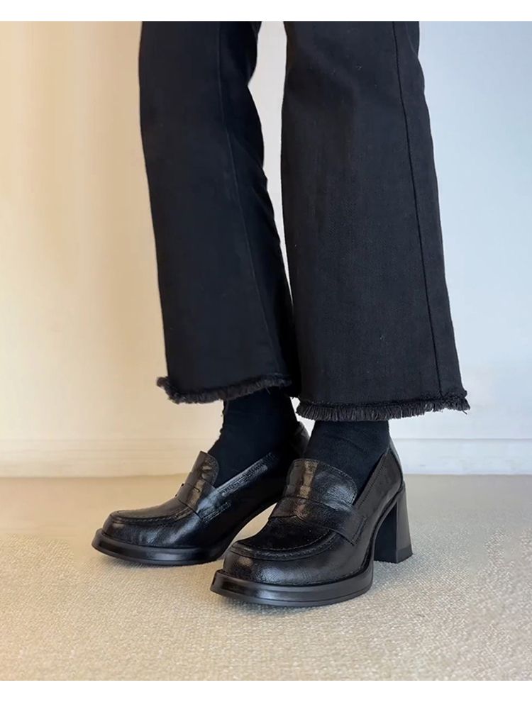 Ziegenleder-Version ~ Authentische Loafer Damen Retro Schwarz Slip-on Flats Elegant High Heel Arbeitskleidung Vielseitig Klein_voghion.com