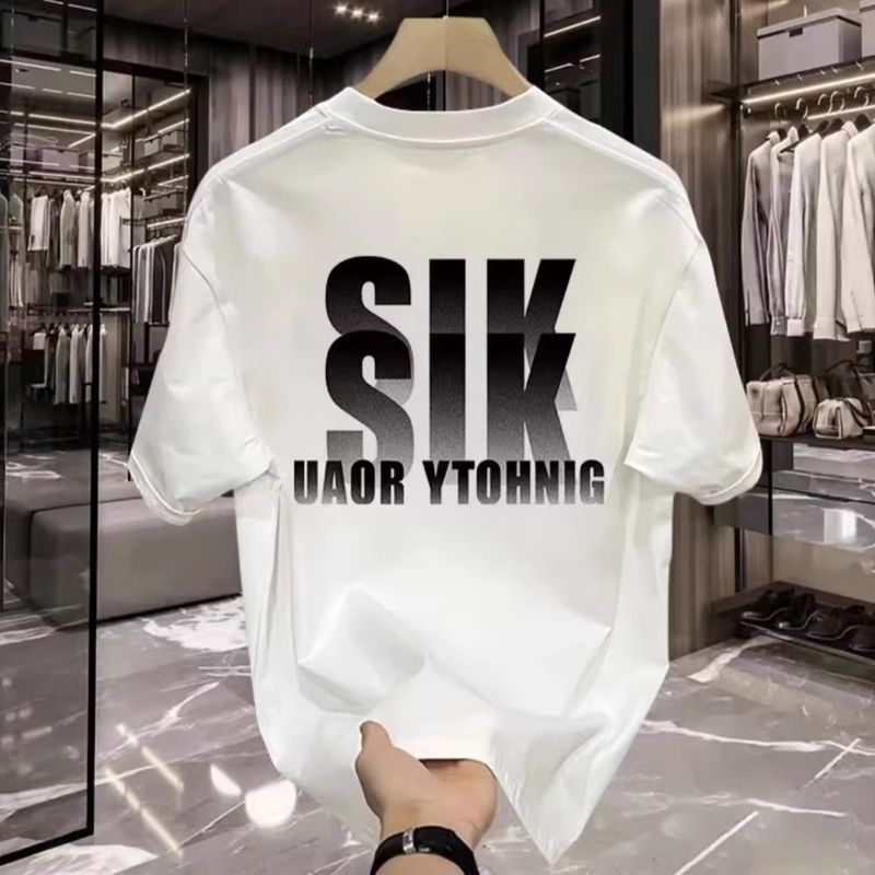 Maglietta estiva da uomo con stampa di lettere, marchio americano di moda, in cotone, a maniche corte, ampia e casual coreana, con scollo rotondo e mezza manica._voghion.com