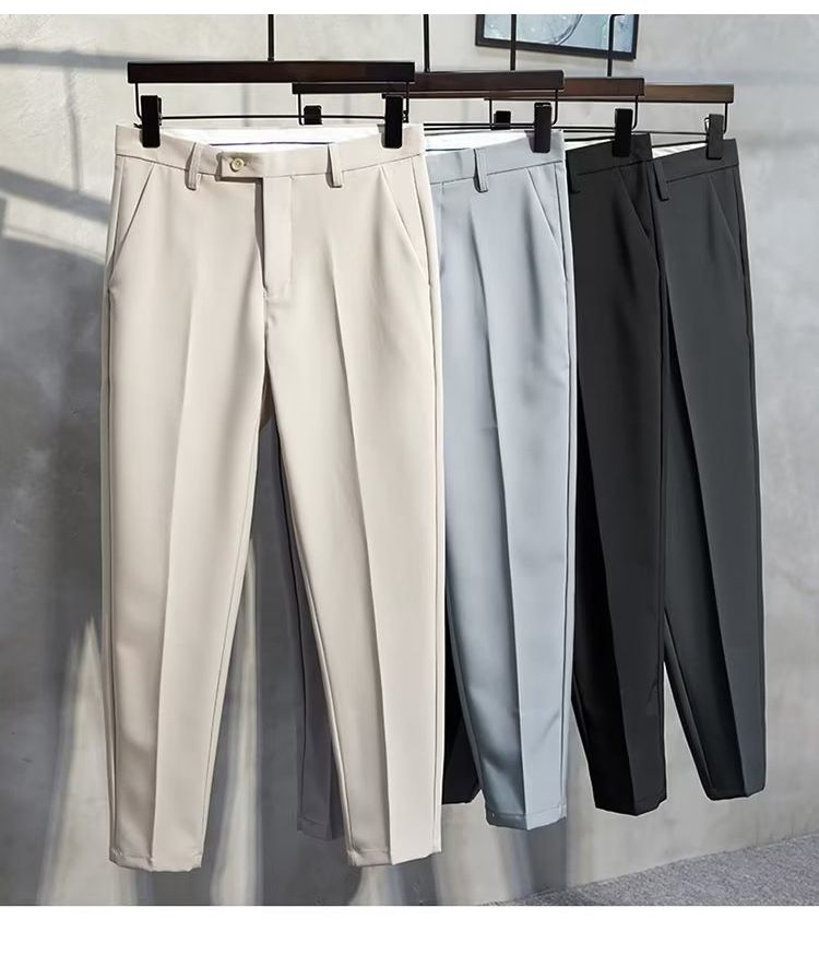 Herrenbekleidung Sommer Freizeithose Herren Ice Silk Slim Straight Hose Neun Punkte Herren Advanced Drape Schwarze Anzughose Herren_voghion.com