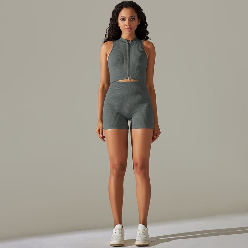 Ensemble de costume de Fitness en cours d'exécution de Yoga de sport de fermeture à glissière de fil tricoté sans couture six pièces_voghion.com