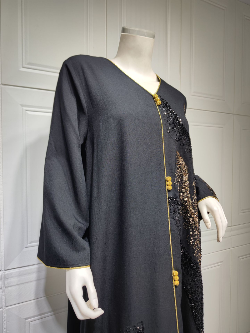 Langärmliges, mit Pailletten besticktes, lockeres Damenkleid für muslimische Frauen_voghion.com
