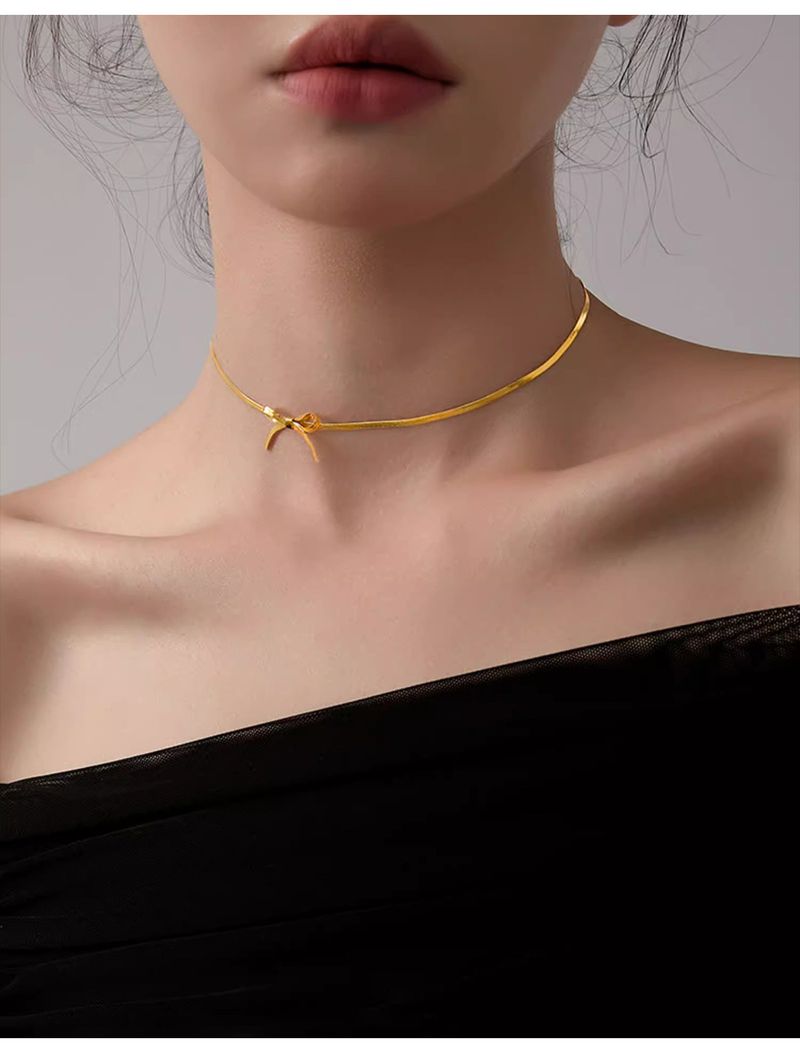 Bow Choker Necklace - Flat Snake Chain Collar (Adjustable Minimalist Gift Box Included)_voghion.com