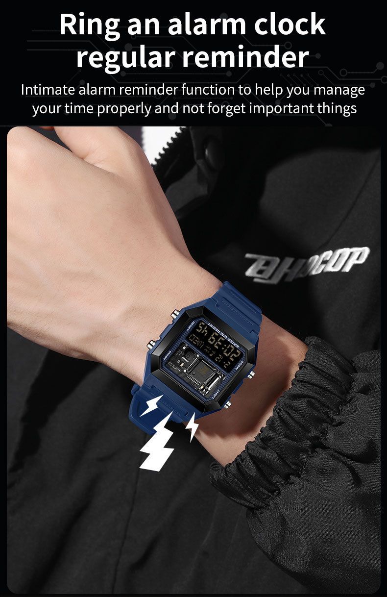 Digitaal wekkerhorloge met multifunctionele timer, stopwatch, LED-achtergrondverlichting, waterdicht tot 50 m, unisex vierkant sporthorloge voor studenten en professionals_voghion.com