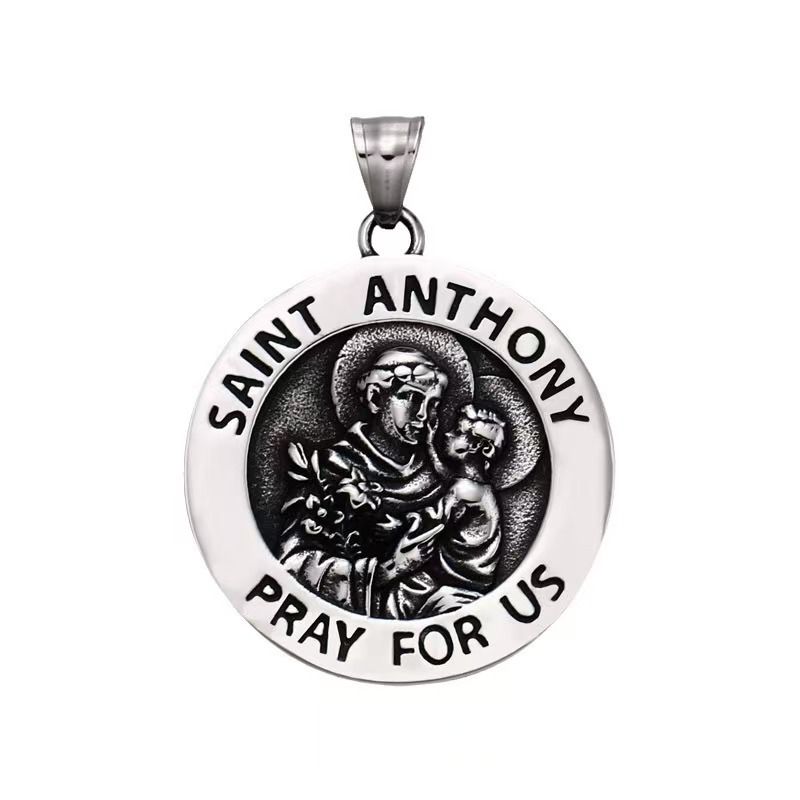 Jesus St Saint Anthony Medal Medallion Pendant Necklace Stainless Steel Punk Retro Vintage Cool Father's Day Dad Gift_voghion.com