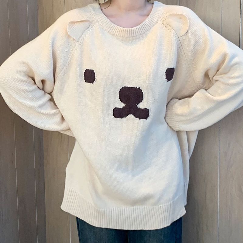 Suéter tejido casero con diseño de perro Pudding, estilo universitario, holgado, con cuello redondo, bonito y versátil._voghion.com