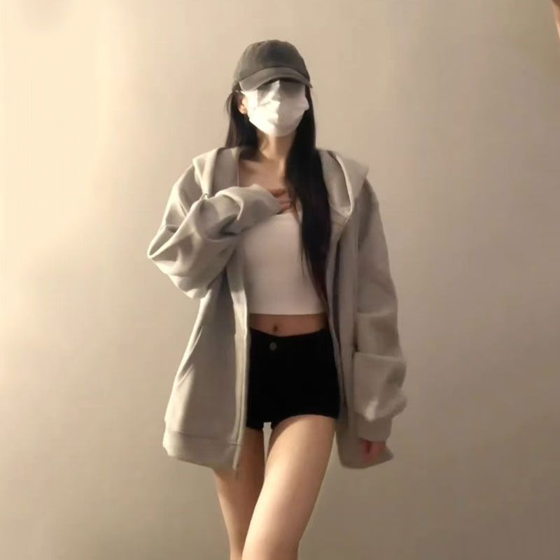 Hooded Sweatshirt For Women Spring And Autumn Oversize Thin Zipper Cardigan Loose Korean Style Lazy Chic Top_voghion.com