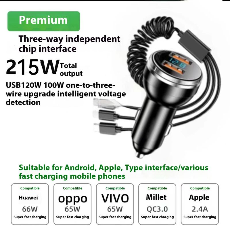 Nov digitalni avtomobilski polnilec z enim do tremi kabli 100W super hitro polnjenje_voghion.com