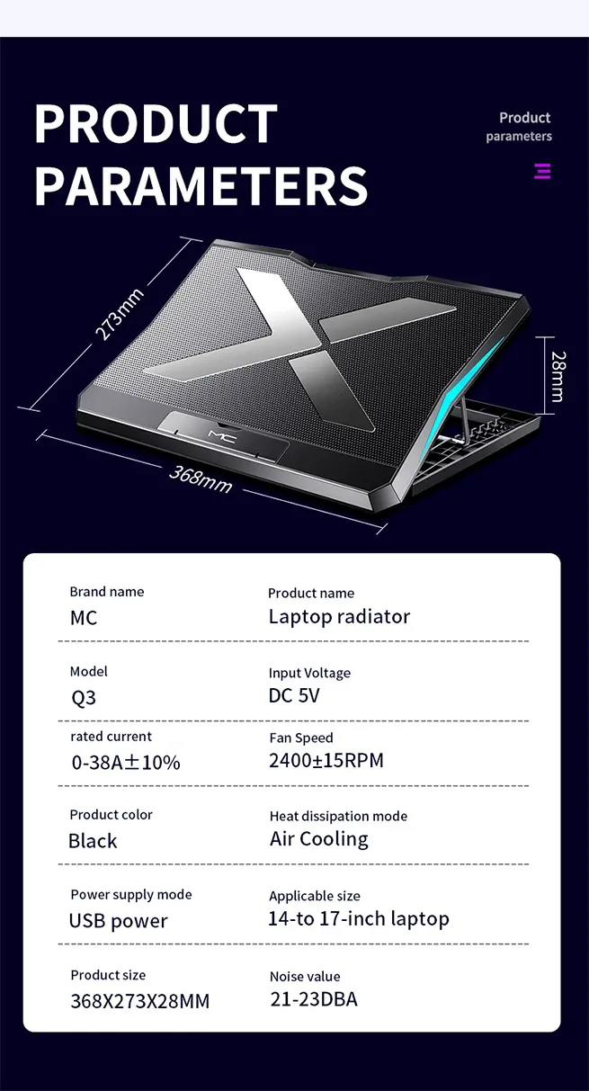 15,6-Zoll-Gaming-Laptop-Kühler mit sechs Lüftern, höhenverstellbar, leises Kühlpad, Computerständer für Laptops unten_voghion.com