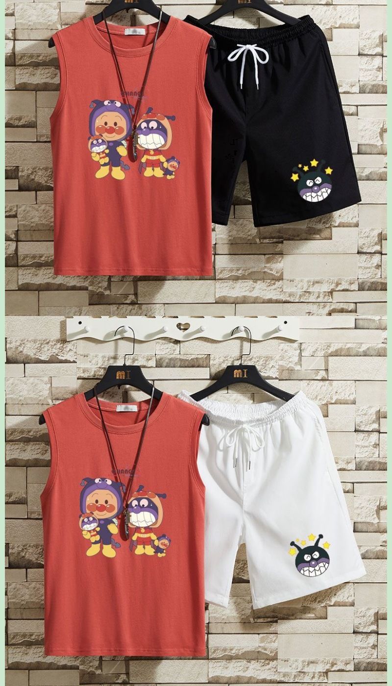 Top Set: Superman Sleeveless Men's Summer Vest, Shoulder T-shirt, Casual Sports Five Part Pants, Two Piece Set, 12_voghion.com