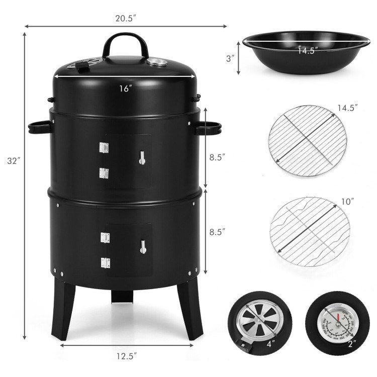 3-in-1 Charcoal BBQ Grill Cambo with Built-in Thermometer_voghion.com