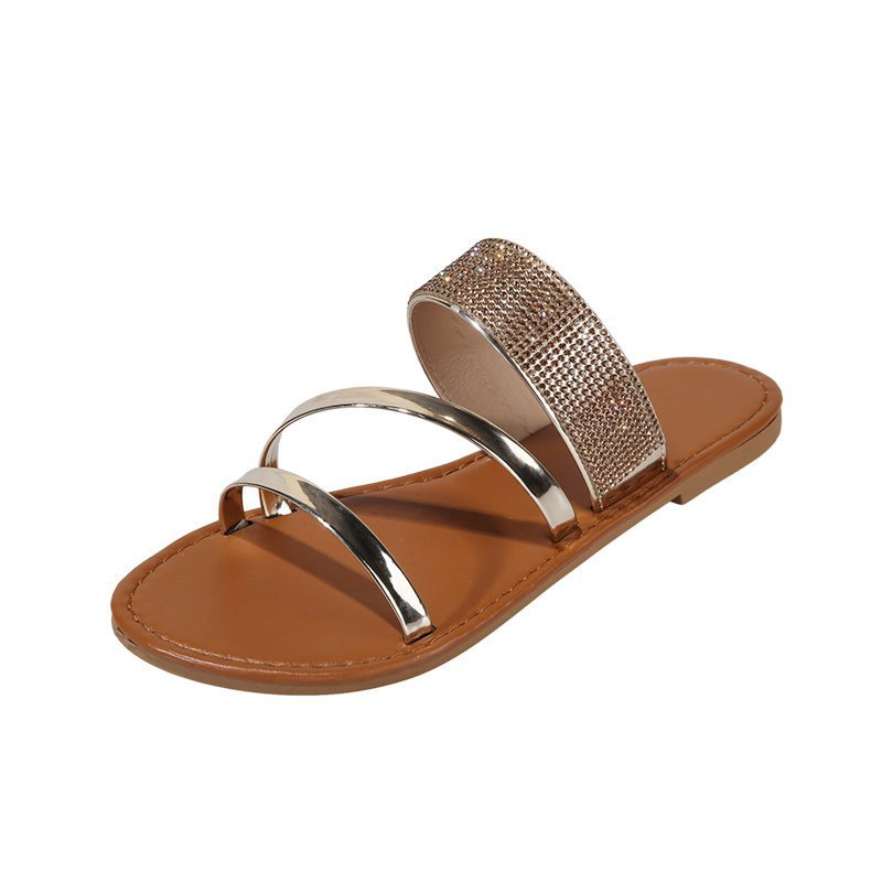 Pantofi de damă cu fund plat, sandale și papuci de plajă casual cu strasuri, pentru femei_voghion.com