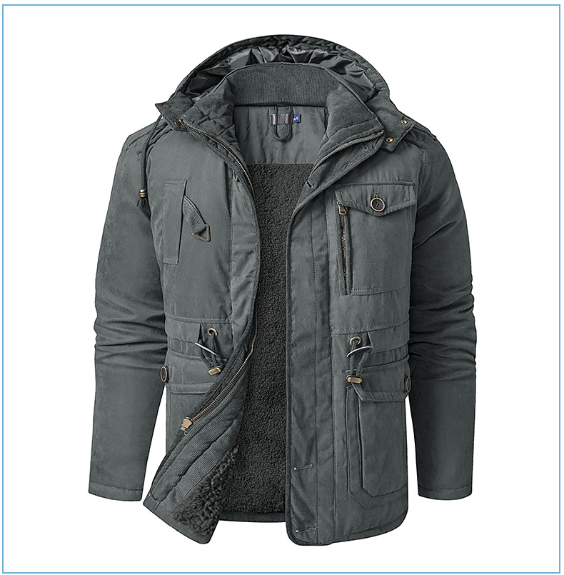 Men's Plus Size Shearling Hooded Cotton Jacket Thickened Multi-Pocket Cotton Top Casual Mid-Length Coat_voghion.com