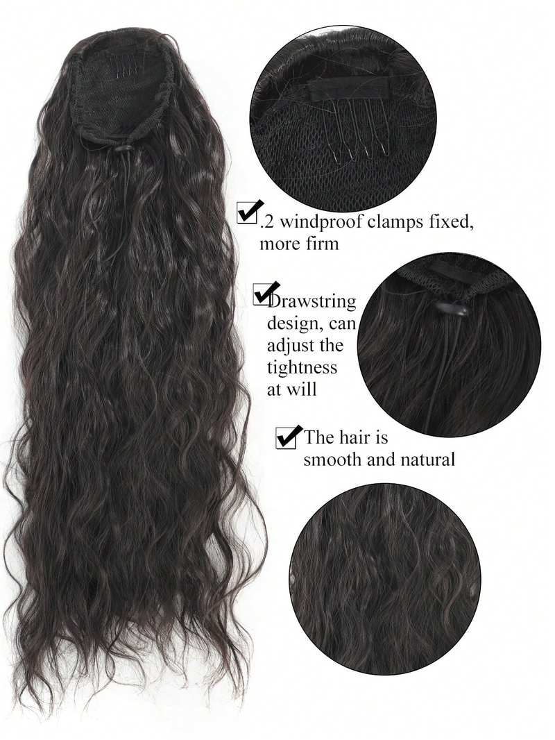 Synthetic Long Wavy Ponytail Hair Extension With Drawstring For Women, Clip-In Black Fake Hairpiece_voghion.com
