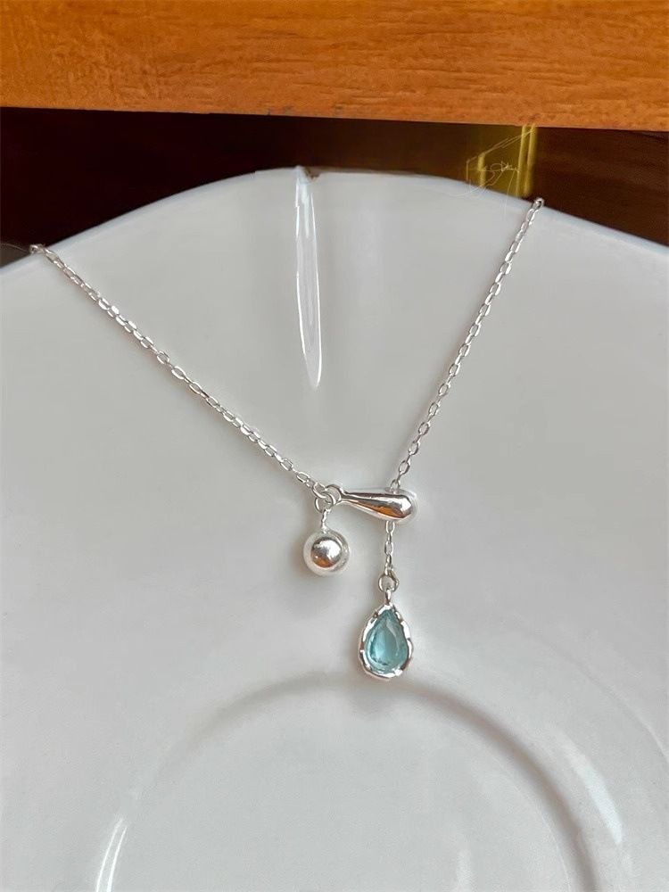 Sterling Silver Blue Water Drop Necklace Women's Adjustable Clavicle Chain Ins Silver Necklace_voghion.com