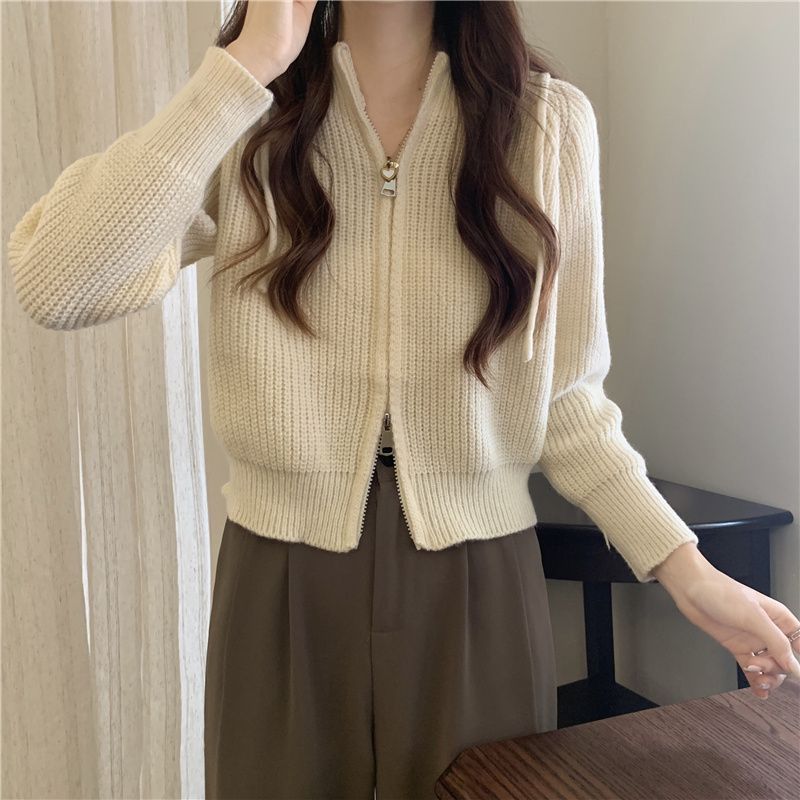 Cardigan lavorato a maglia con cappuccio e cerniera da donna autunno e inverno nuovo design senso stile pigro maglione giacca piccola cima corta_voghion.com