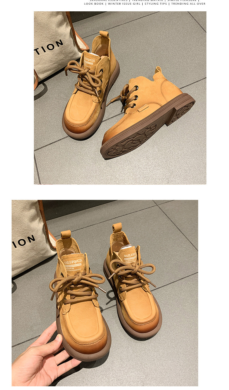 Autumn 2023 New Thick-heeled Round-toed Brown Retro Style High-top Short Boots front lace-up lazy shoes Martin boots women_voghion.com