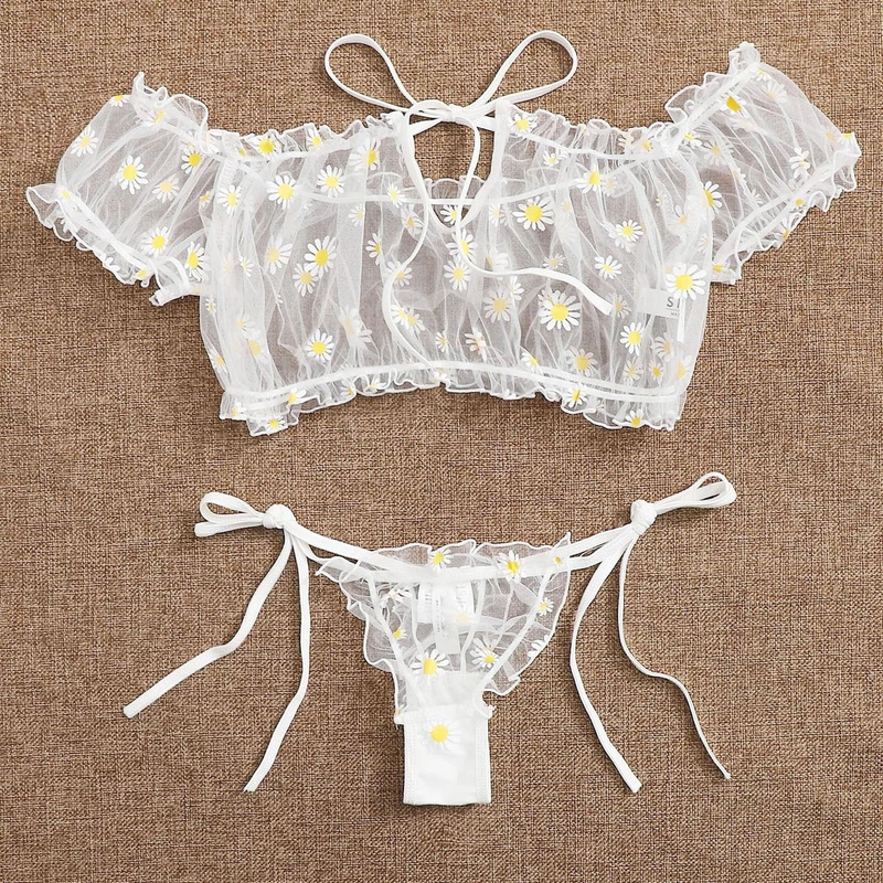 Women Perspective Lingerie Set Embroidery Lace Bowknot Strapless Bra Thong Set Temptation Underwear Sleepwear Nightwear_voghion.com