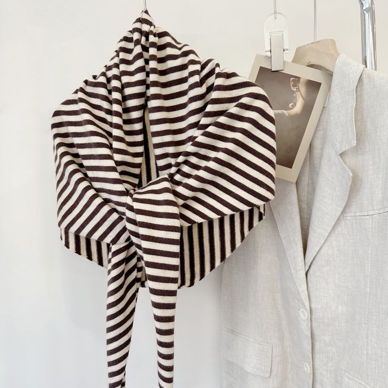 Wool Blend Striped Shawl Oversized Autumn Winter New Warm Triangle Knitted Women's Knotted Shoulder Wrap Scarf_voghion.com