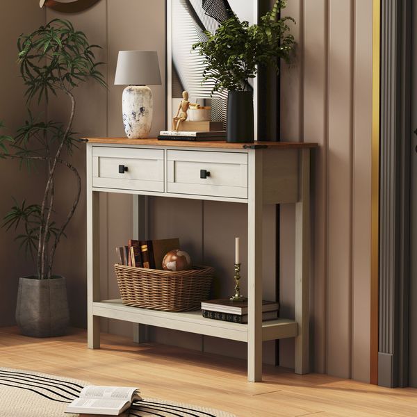 Farmhouse Style Console Table With 2 Drawer And Bottom Storage Shelf For Entryway, Rustic Side Table With Storage Drawer And Shelf For Living Room,_voghion.com
