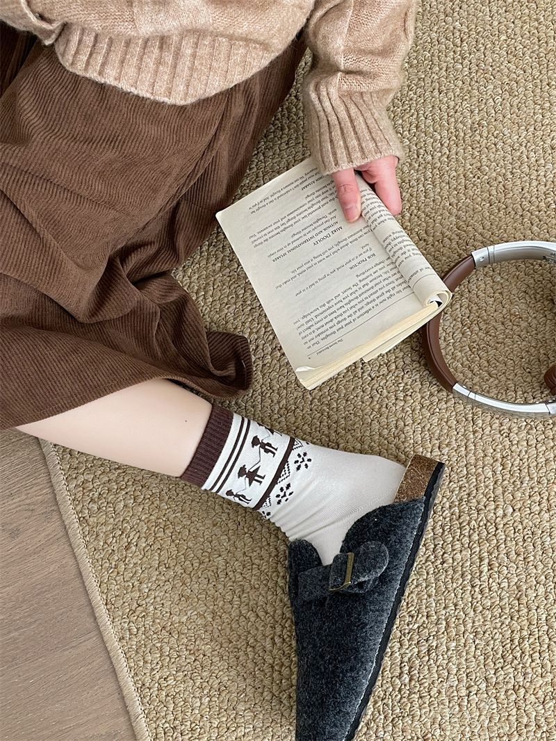 Fair Isle Vintage-Knopfsocken für Damen und Herren – lässige Baumwollsocken bis zur Wadenmitte mit geometrischem Muster, atmungsaktiv und bequem für alle Jahreszeiten_voghion.com