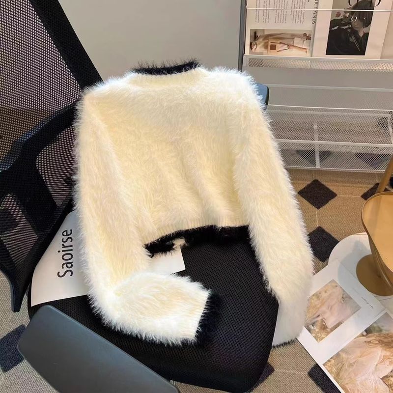 Damenbekleidung Kontrastfarbene Pulloverjacke Süße Color-Block-Strickjacke Kurzer Strickpullover für Damen Weicher Kunstnerzmantel Winter Gemütlich Elegant_voghion.com