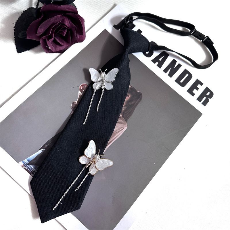 Camicia da donna coreana bicolore con strass a farfalla e nappa, senza cravatta, versatile, in stile college, stile uniforme JK_voghion.com