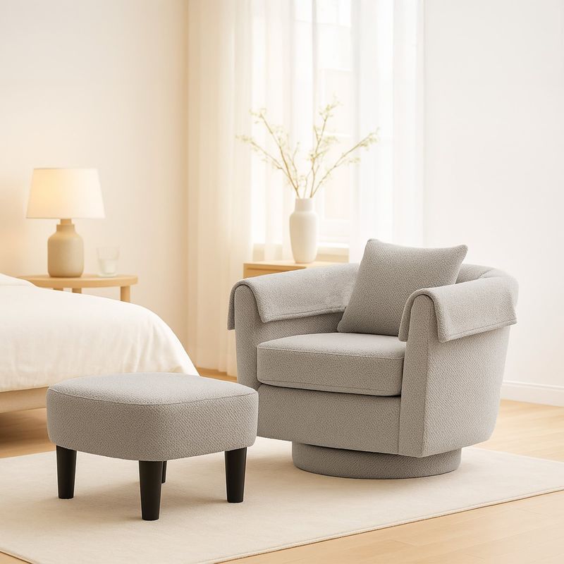 Swivel Accent Chair With Ottoman Set, Modern Chenille Barrel Armchair With Removable Back Pillow & 2 Armrest Covers For Living Room, Bedroom, Office, Gray_voghion.com