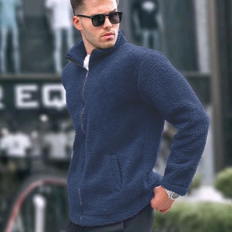 Giacca casual da uomo con collo alto, cerniera e fodera in pile - Capispalla invernale caldo, vestibilità slim, a maniche lunghe, per uno stile urbano_voghion.com