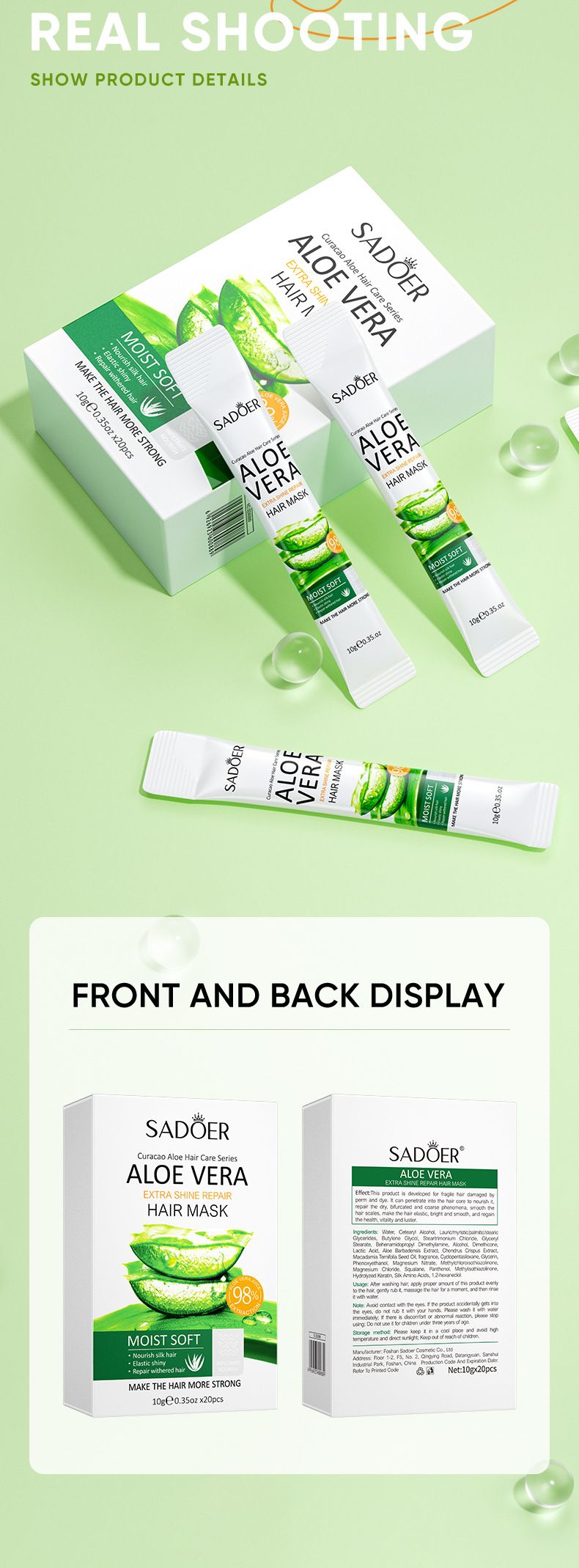 Maschera per capelli riparatrice ultra brillante all'aloe vera SADOER 10 g x 20 p Maschera per capelli riparatrice, nutriente, ammorbidente e lisciante_voghion.com