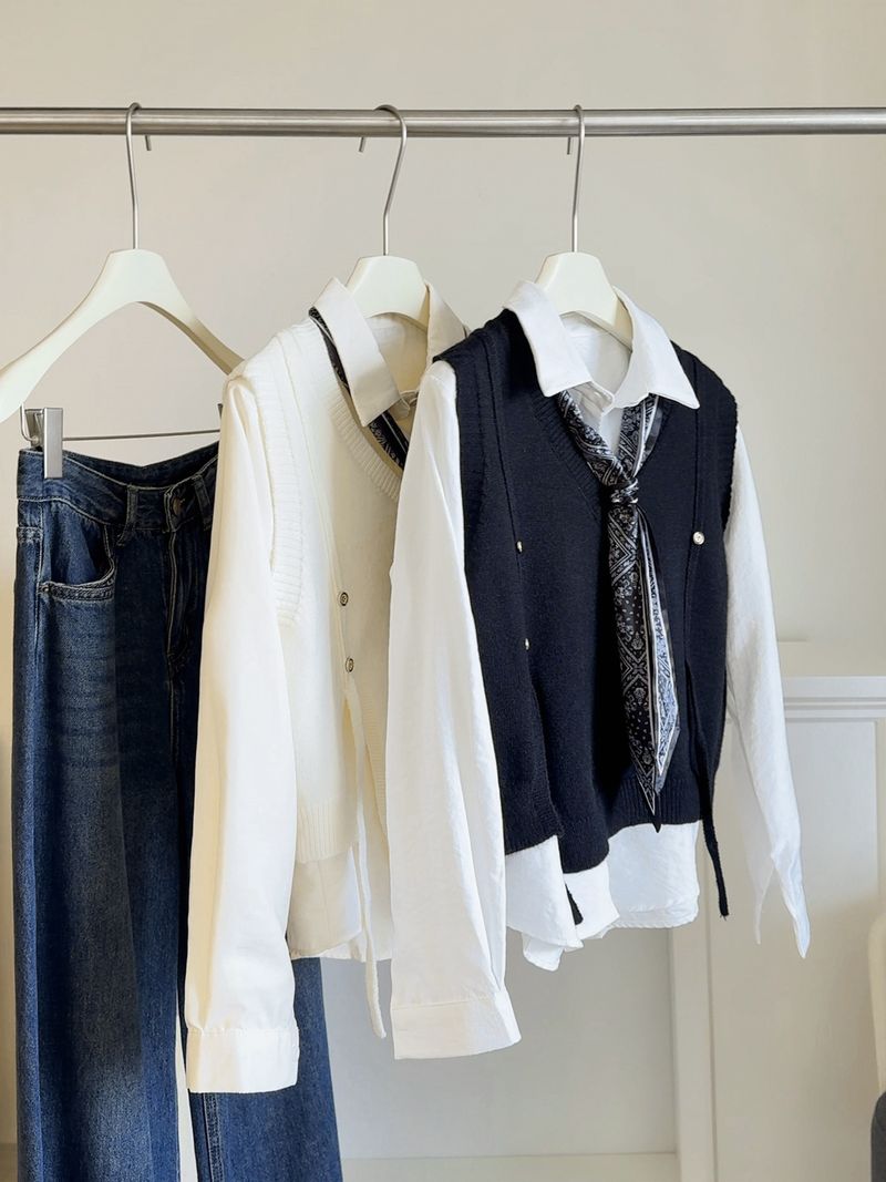 Completo tre pezzi in maglia elegante e snellente in stile coreano autunnale, anti-età, versatile, con camicia a maniche lunghe e sciarpa_voghion.com
