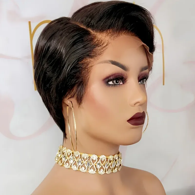 150 % Dichte 6 Zoll 13 x 1 T-Teil Spitzenperücke Gerade Kurze Pixie Cut Perücke Remy Echthaarperücken für Frauen_voghion.com