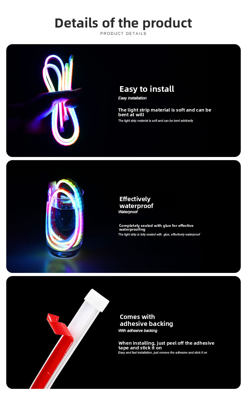 Striscia luminosa per luci diurne colorate RGB per auto, controllo Bluetooth tramite APP, 30 cm, 45 cm, 60 cm_voghion.com